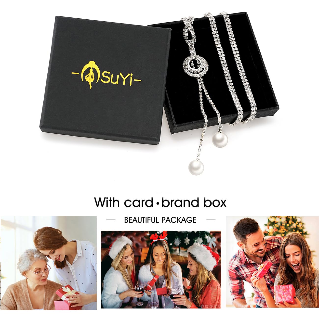 Suyi Trendy Crystal Long Necklace All-Match Style Shining Clothing Sweater Chain Pearl Silver 2
