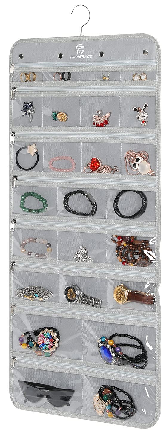 Freegrace Hanging Jewelry Organizer with Secure Zipper Closure - 360° Revolving Hanger, 25 Clear Pockets, 23 Necklace Hooks - Foldable Travel Storage & Closet Display (Gray)