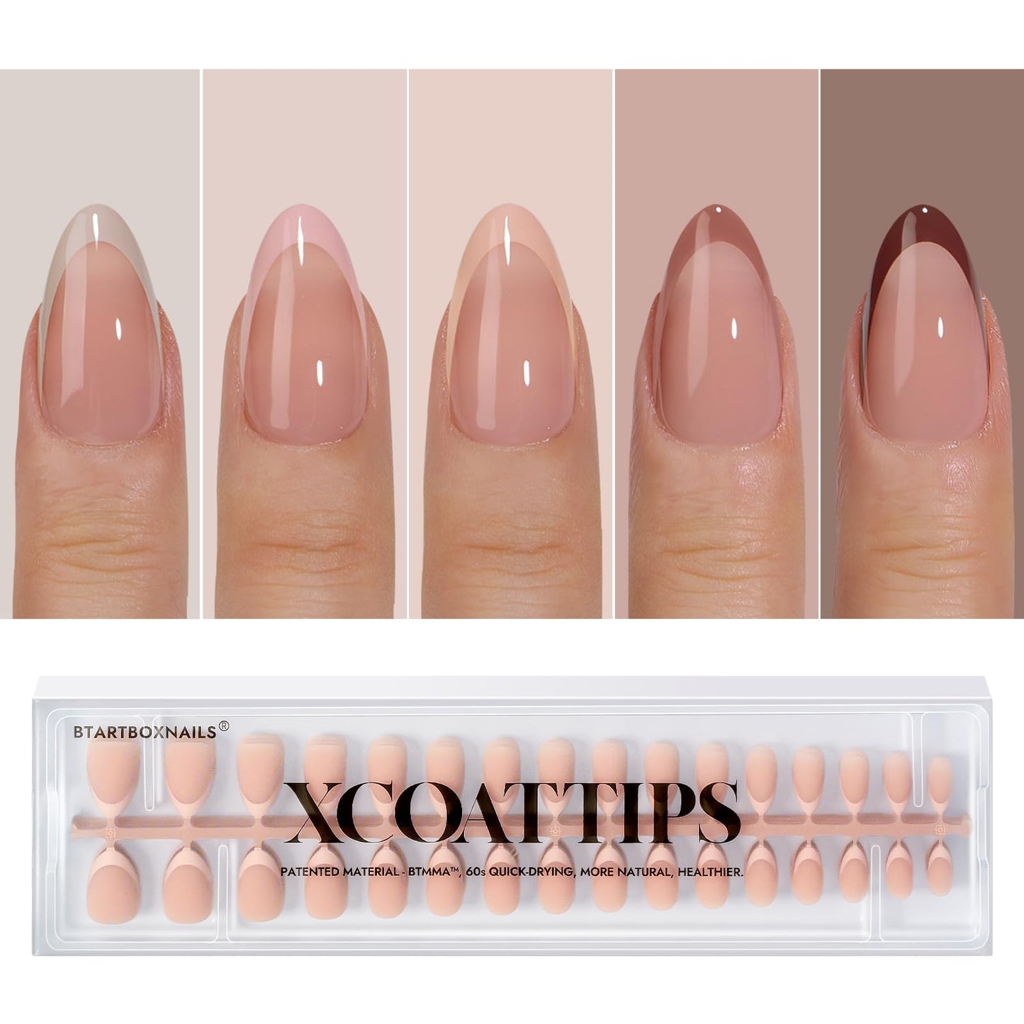 BTArtboxnails XCOATTIPS Press on Nails - French Tip Press on Nails Short Almond, Skin Tones Soft Gel Nails False Nail Tips, Soak Off Acrylic Nails Extensions