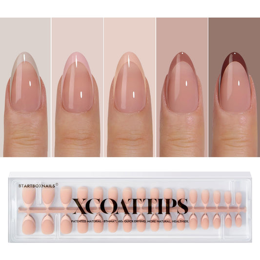 BTArtboxnails XCOATTIPS Press on Nails - French Tip Press on Nails Short Almond, Skin Tones Soft Gel Nails False Nail Tips, Soak Off Acrylic Nails Extensions