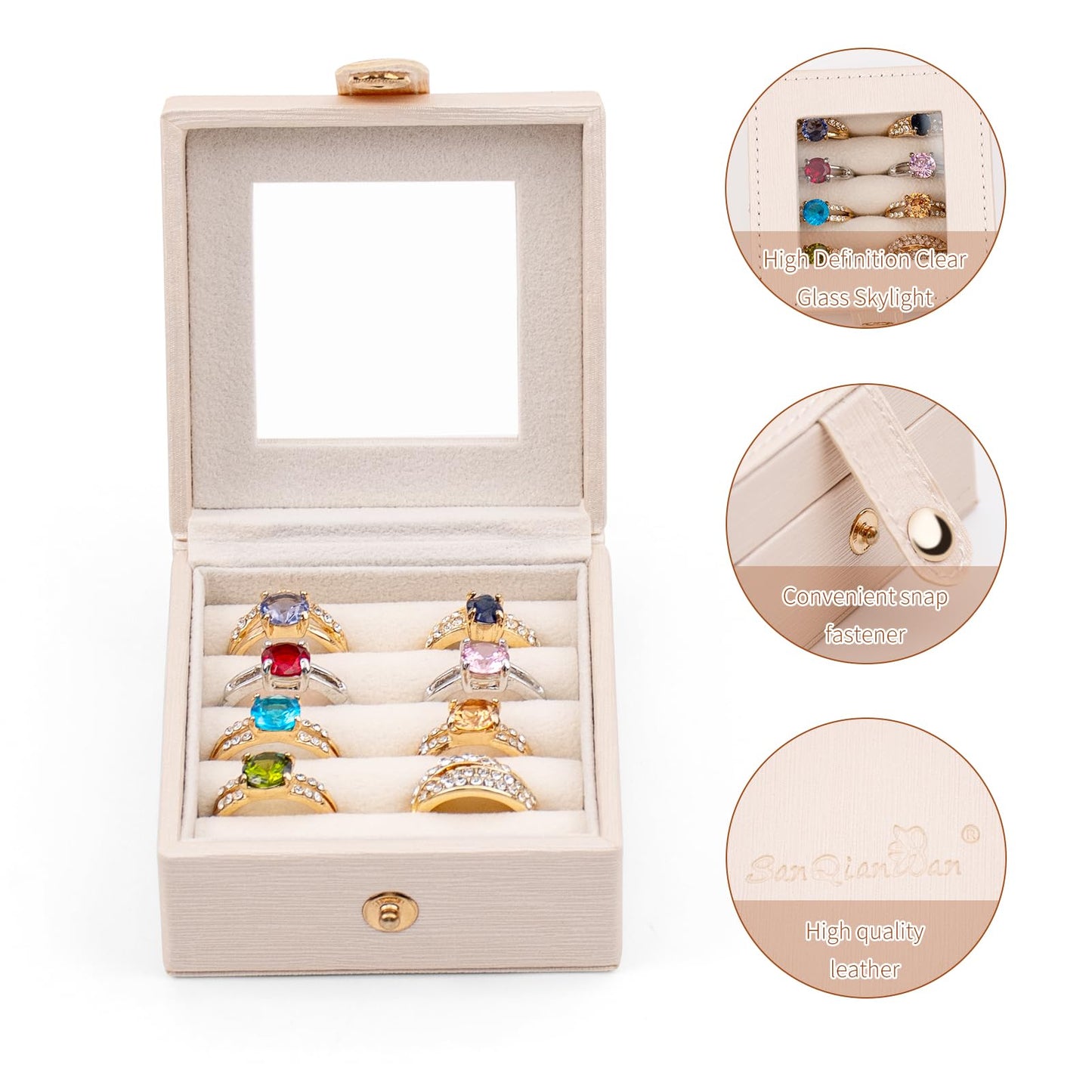 SANQIANWAN Small Leather Jewelry Box with Glass Top Mini Ring Display Case with 8 Slots for Selling Gift for Girls and Women (Pearl White)