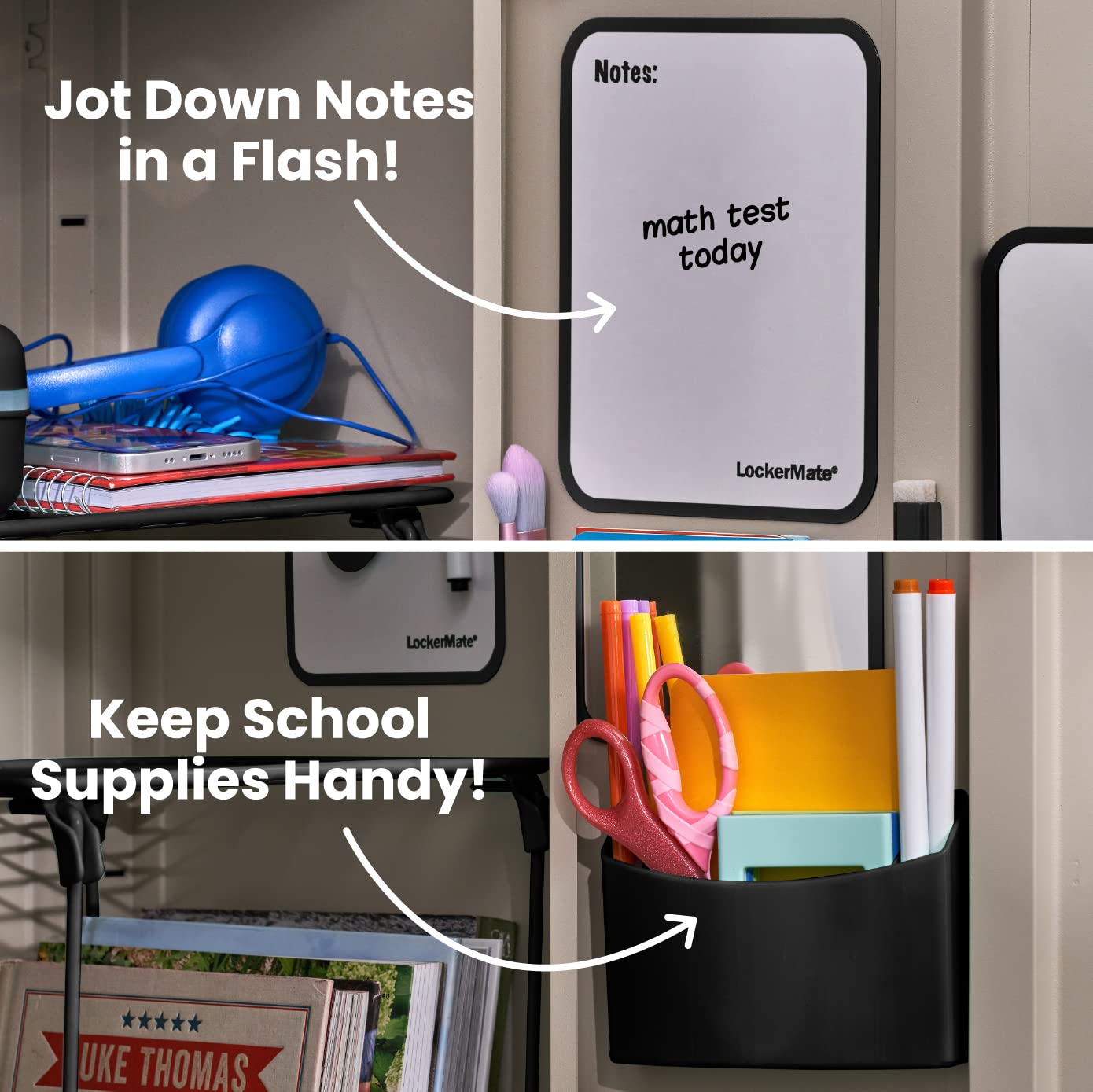 LockerMate 7-Piece Locker Organizer Kit, Includes Locker Shelf, Mirror, Whiteboard, Storage Cup & Dry Erase Marker - Black