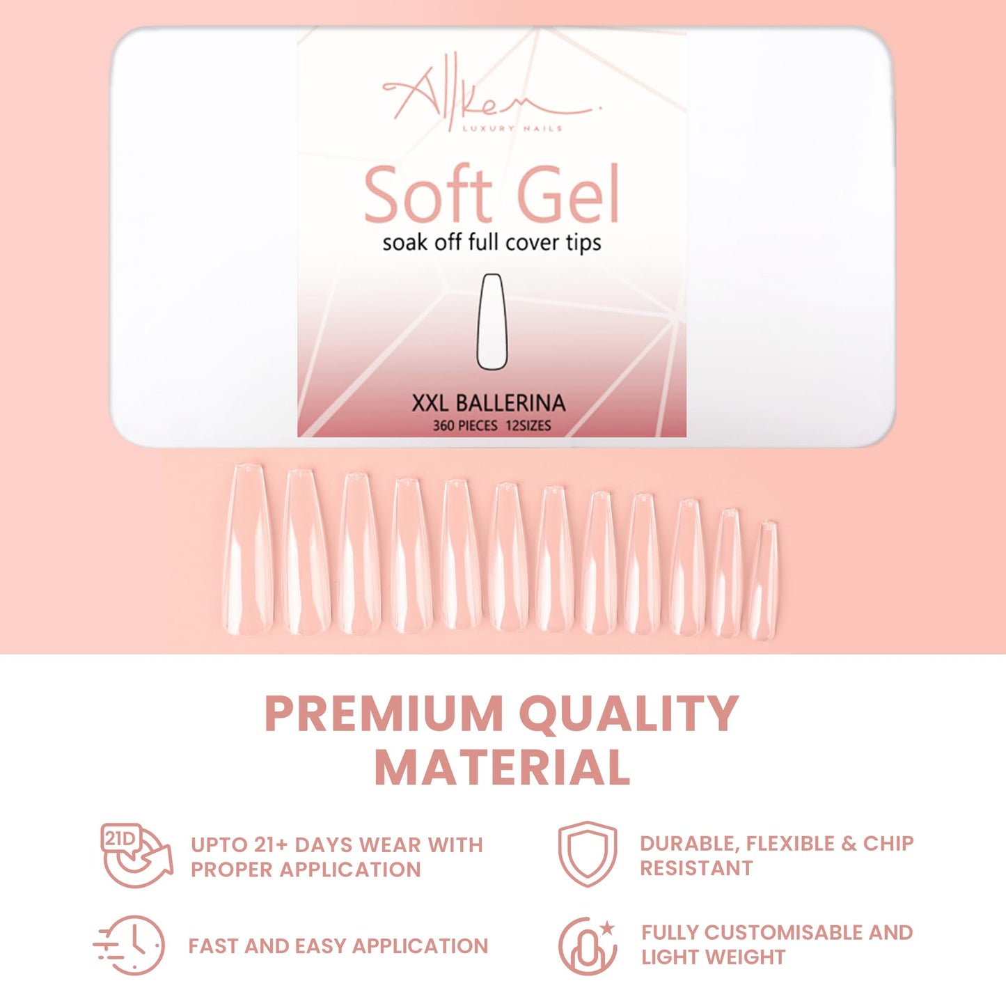 Allkem Soft Gel Nail Tips - 360 pcs XXL Ballerina Nail Extensions Kit - 12 Sizes Extra Extra Long Full Cover Nails - Clear (360 Pieces)
