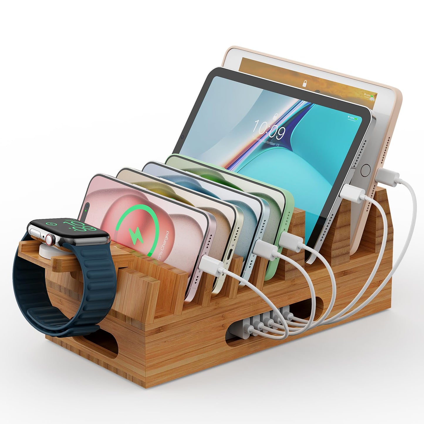 Pezin & Hulin Bamboo Charging Station Organizer for Multiple Devices & Wood Desktop Docking Charging Stand Such As Cell Phone, Tablets, Phone Case and Watch Stand(No USB Charger)