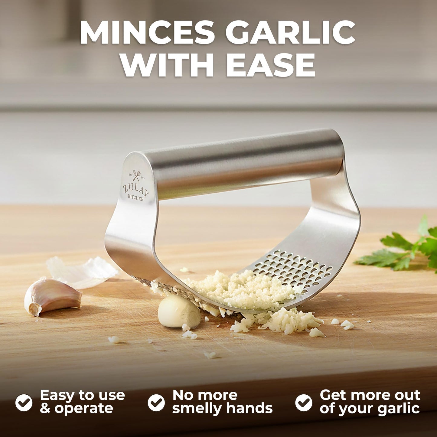 Zulay Kitchen Stainless Steel Garlic Press Rocker Set - Time Saving, Durable Strong Garlic Mincer Tool - Easy to Use & Clean Garlic Crusher Set with Peeler and Scraper Kitchen Gadget Smasher