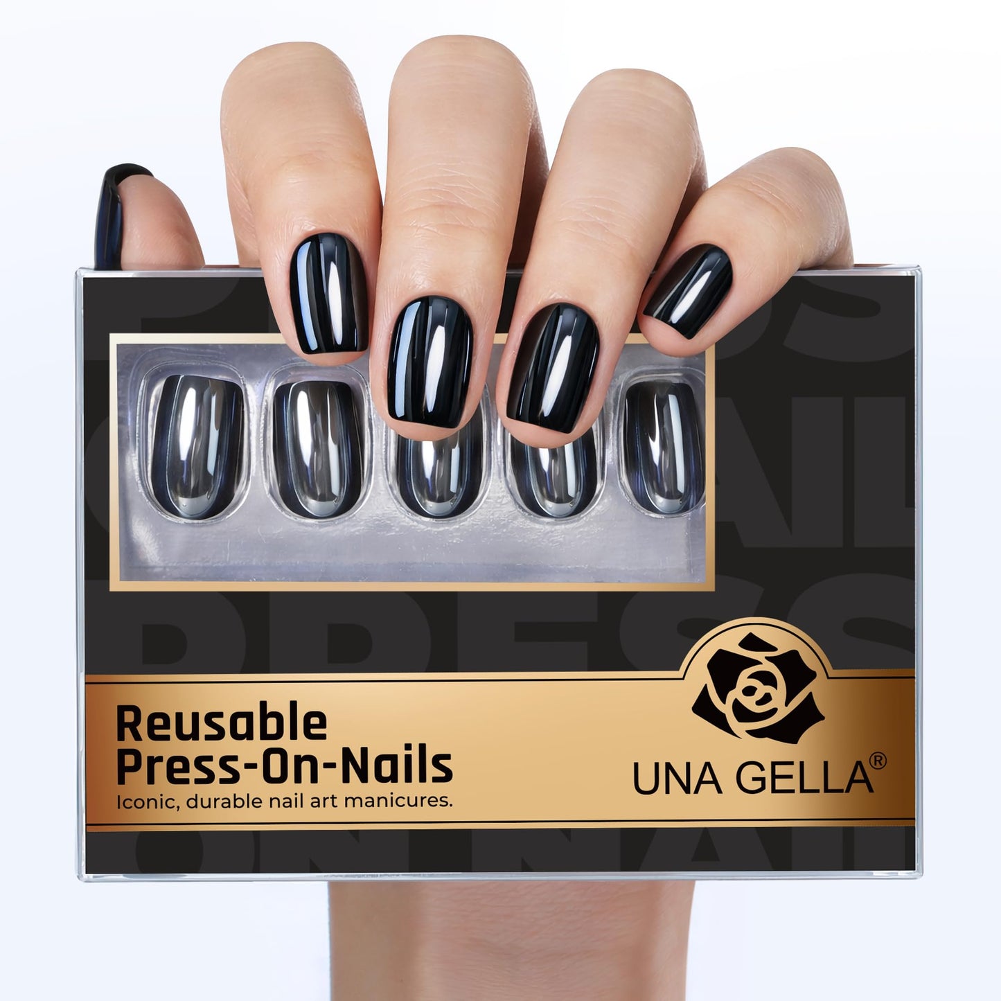 UNA GELLA 32Pcs Soft Gel Press on Nails - 16 Sizes Black Chrome Mirror Short Square Glue on Nails, Reusable Metallic Glossy Black False Nails, Full Cover Acrylic Nail Kit for Women DIY Home Manicure