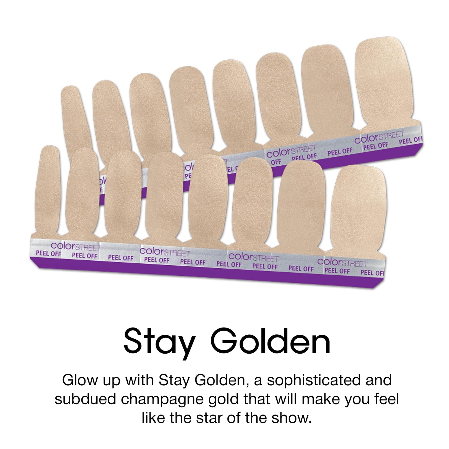 Color Street Stay Golden Nail Polish Strips - Champagne Gold Shimmer a Sophisticated, Subdued Glow. Includes 16 Double-Ended Strips for Easy Application and Long-Lasting Wear. Elevate Your Style.
