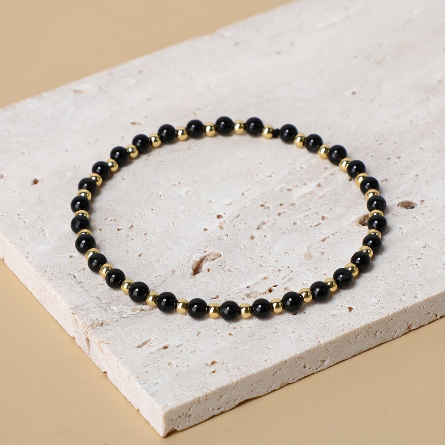 QOGIR Black Onyx - Protecting and Grounding - 14K Gold Plated Beads Natural Gemstone Stretch Elastic Dainty Healing Beaded Bracelets Gifts 4mm