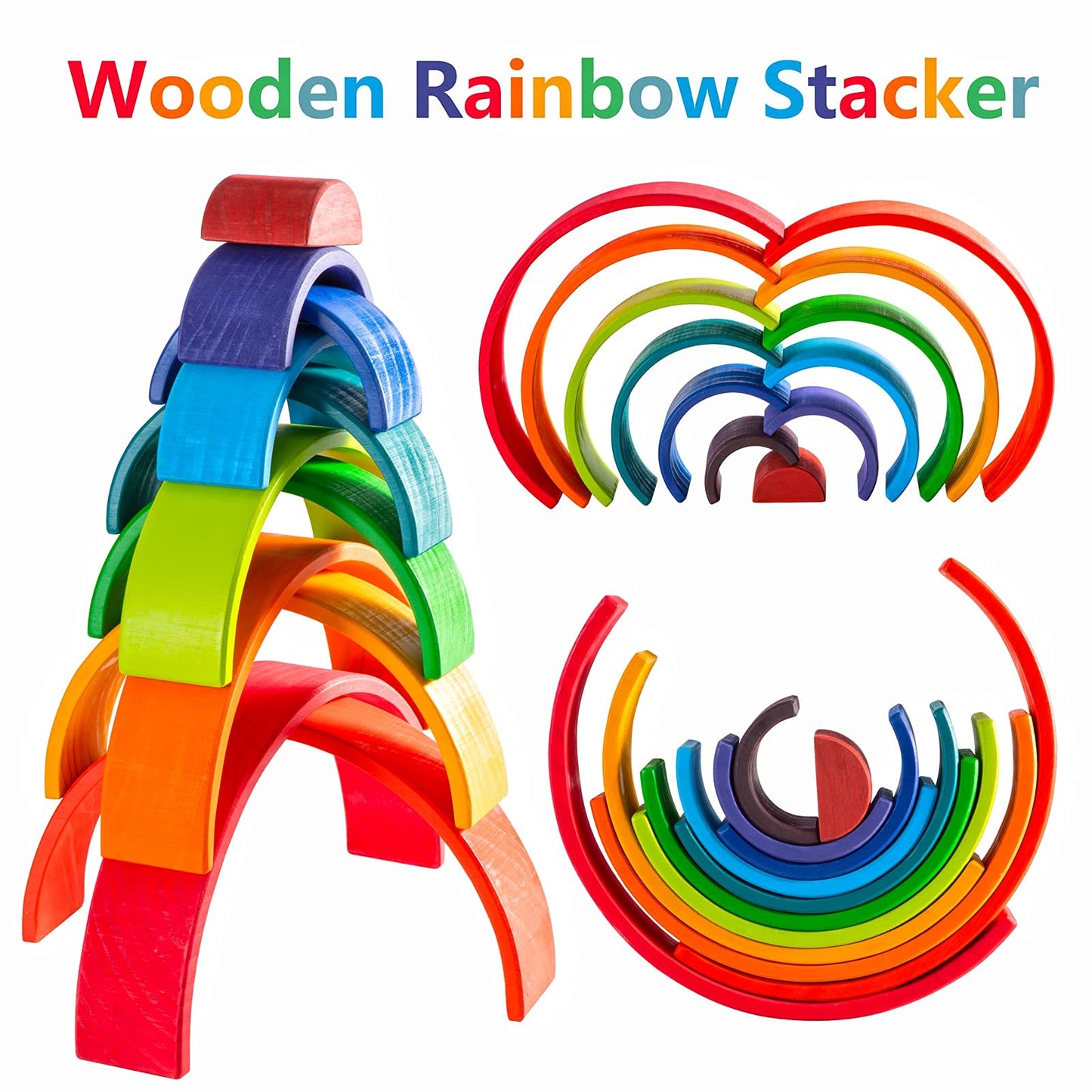MERRYHEART Wooden Rainbow Stacking Toy - 12 Pieces Extra Large Montessori Wooden Stacking Arch Educational Toys, Nesting Puzzle Building Blocks for Kids Toddlers (Rainbow Stackers)