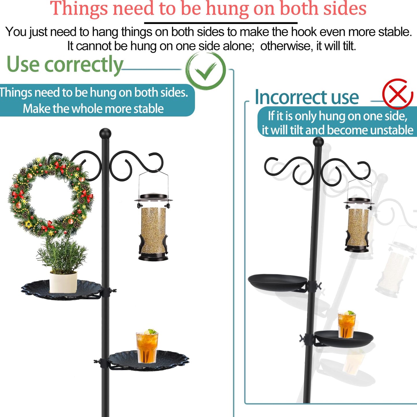 Upgraded 74" Shepherd's Hook for Bird Feeder，Floor Hanging Plant，Wind Chime Stand, Waterproof Metal & Adjustable-Height Standing Pole Holder for Lantern and Wreath, Indoor & Outdoor（2 Placement Racks)