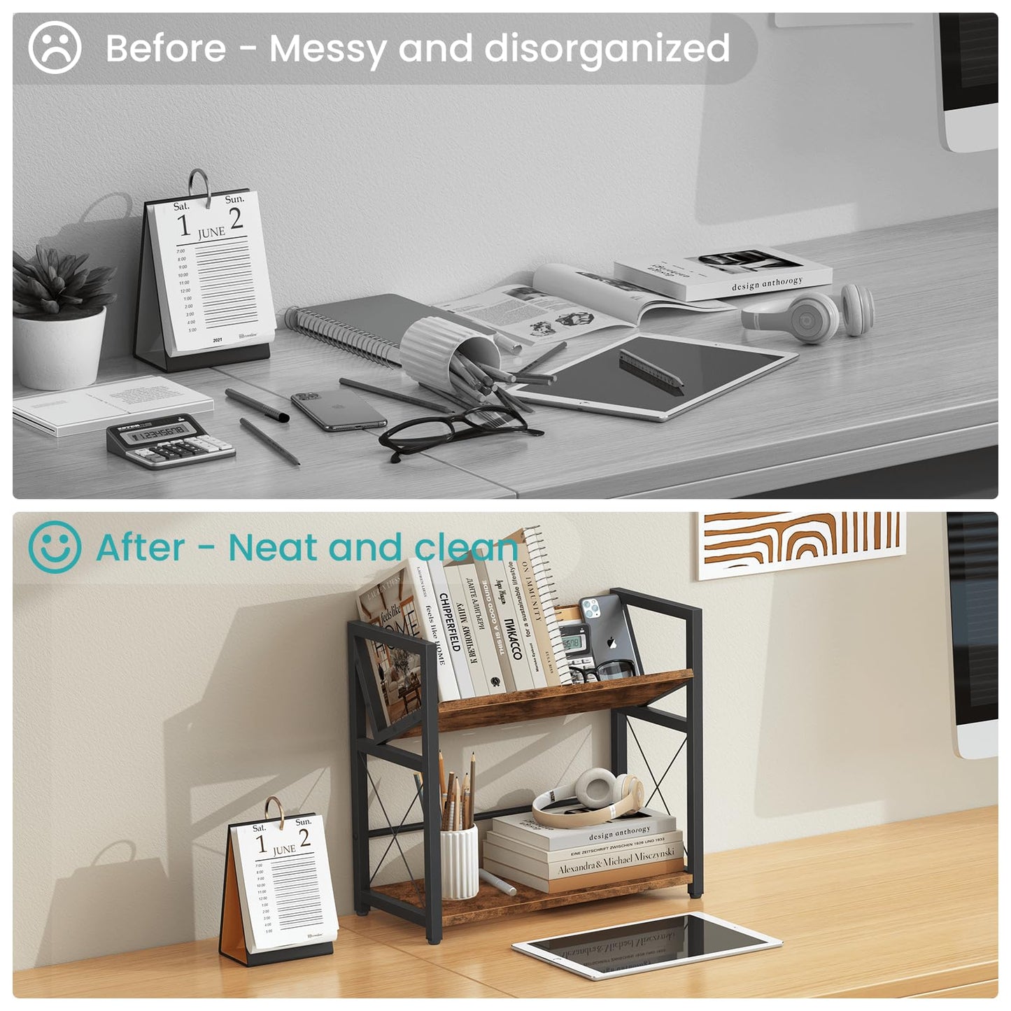 ELITEROO Desktop Bookshelf, 2 Tier Desk Shelf Organizer, Wooden Tabletop Bookcase, Small Desk Top Book Rack for Office, Home, Bedroom, Small Space Storage and Display, Rustic Brown