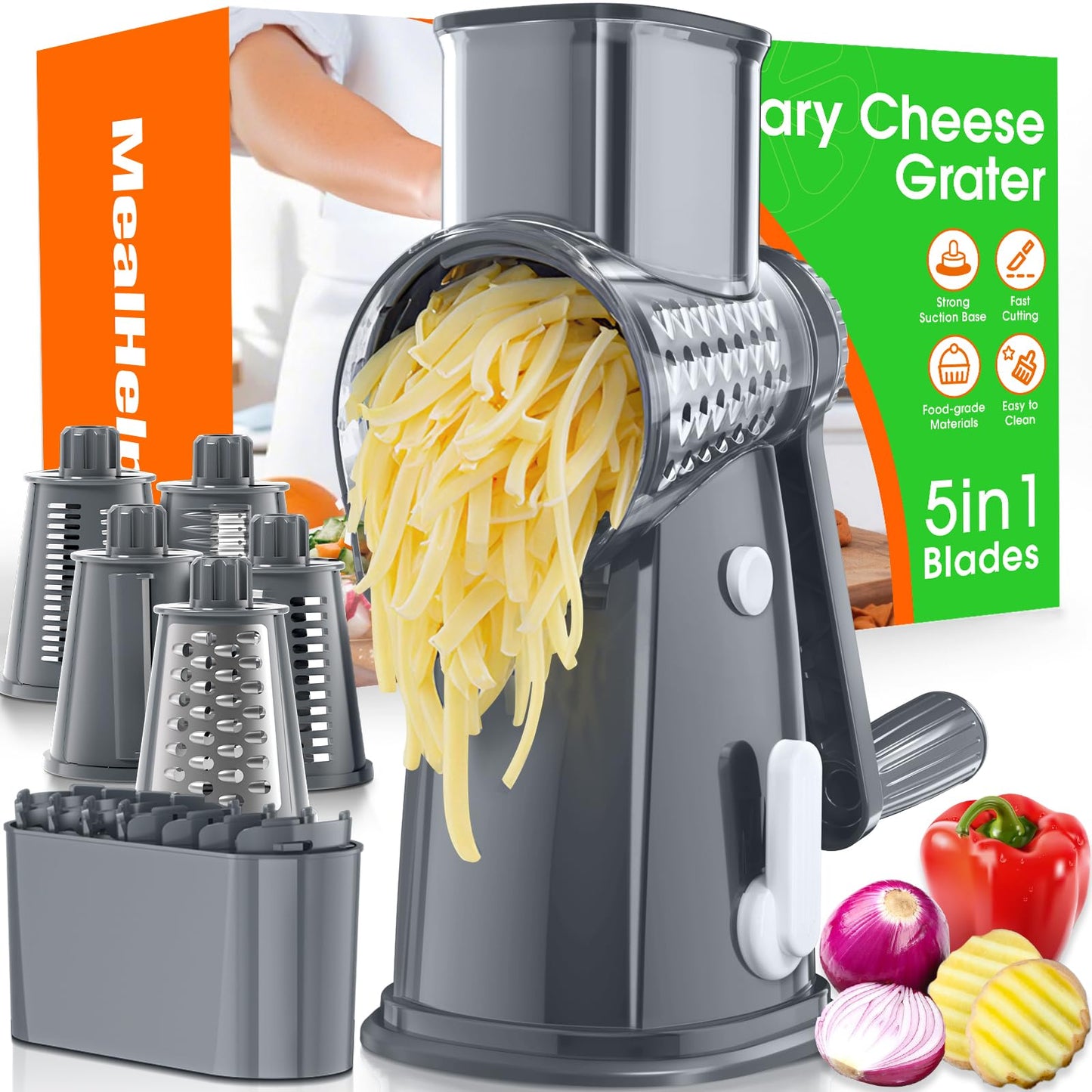 MealHelper 5 Blade Rotary Cheese Grater Hand Crank with Storage Box, Vegetable Chopper, Cheese Shredder for Cheeses, Veggies, Nuts - Easy to Use, Non-slip Suction Base, Gray