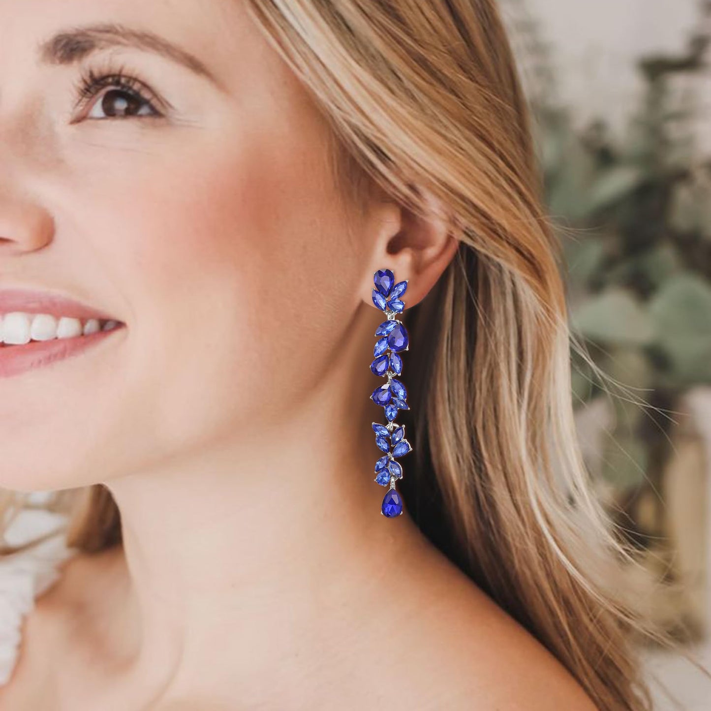 EVER FAITH Banquet Rhinestone Crystal Chandelier Dangle Earring for Women Brides, Marquise Teardrop Bridal Long Drop Earrings for Prom Royal Blue Silver-Plated-Base