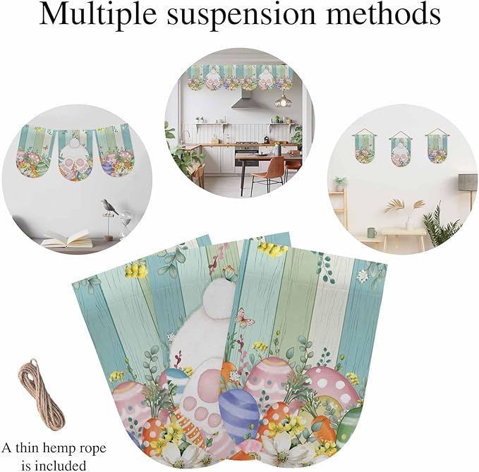 Cute Easter Bunny Banner 3Pcs Indoor Outdoor Hanging Banner Flag Eucalyptus Leaves Colorful Eggs Wooden Sign for Fireplace Mantel Decorative Bunting Garland Valance for Shop Door Decor 9.8"x15.8"