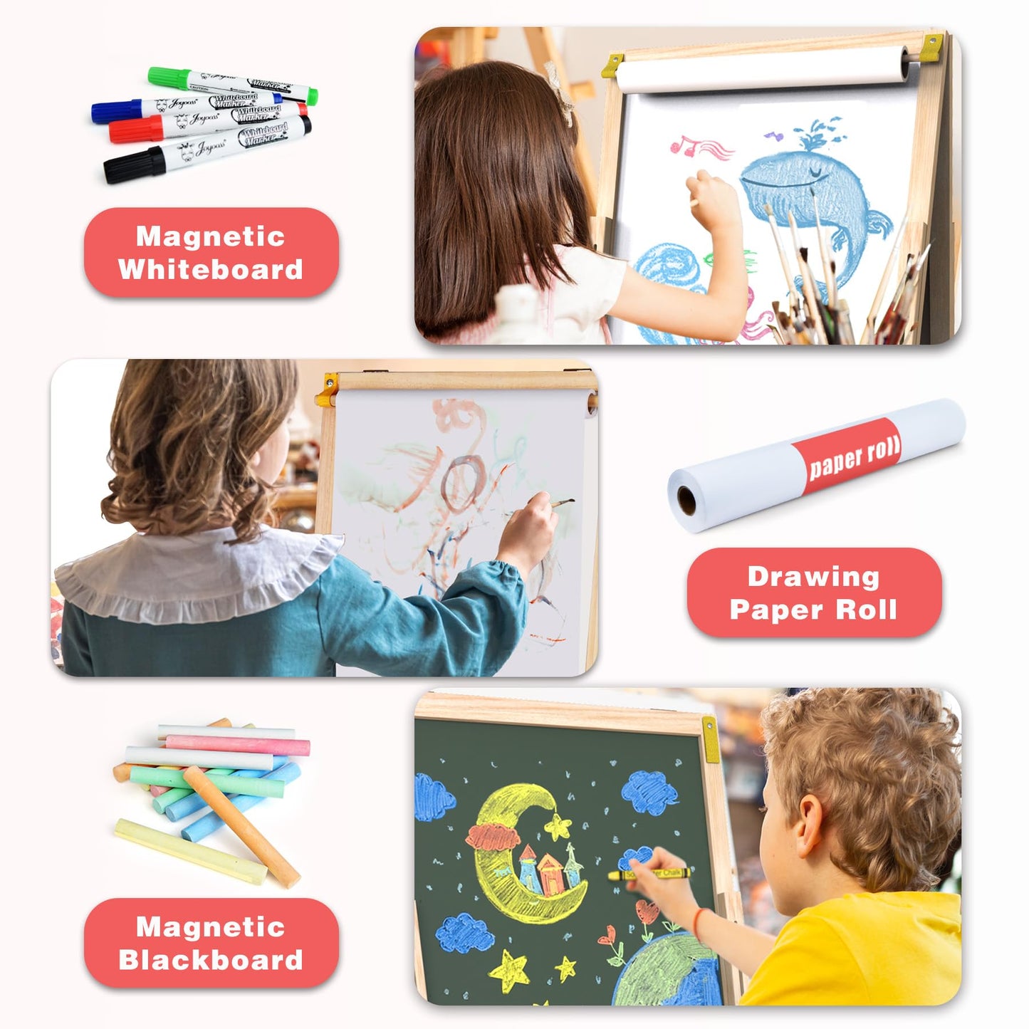 Joyooss Art Easel for Kids Easel, Foldable Toddler Easel for Painting Double Sided Whiteboard & Chalkboard, Standing Drawing Board with Paper Roll Children Easel for Kids Ages 2-4 4-8 8-12