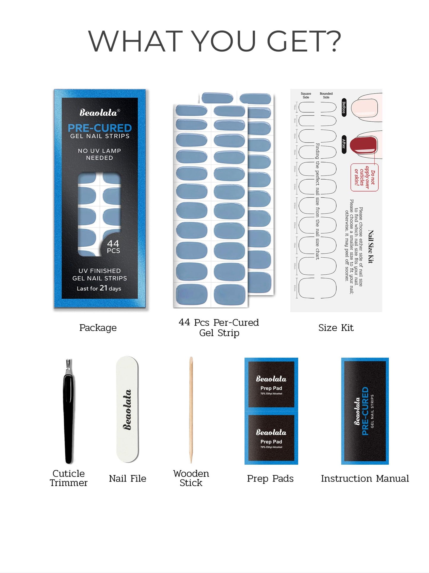 Beaolata Real Gel Nail Strips (No UV Light Needed) - 44Pcs Salon Quality Nail Stickers - Long Lasting Polish Wraps for Women, Easy Apply & Remove (Moss Blue)