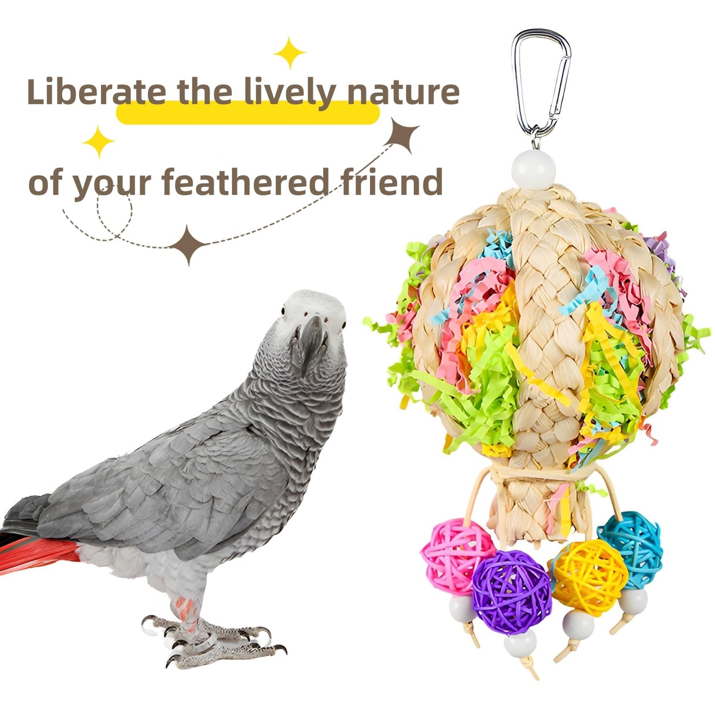 2 Pack Natural Hot Air Balloon Bird Toy, Hand-Woven Parrot Foraging & Chew Toy with Colorful Rattan Balls, Boredom Relief for Small to Medium Parakeets, Cockatiels, Conures