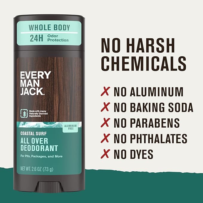 Every Man Jack All Over Deodorant - 24 Hour Whole Body Odor Protection - Aluminum Free - Coastal Surf Scent 2.6 oz (1 Pack)