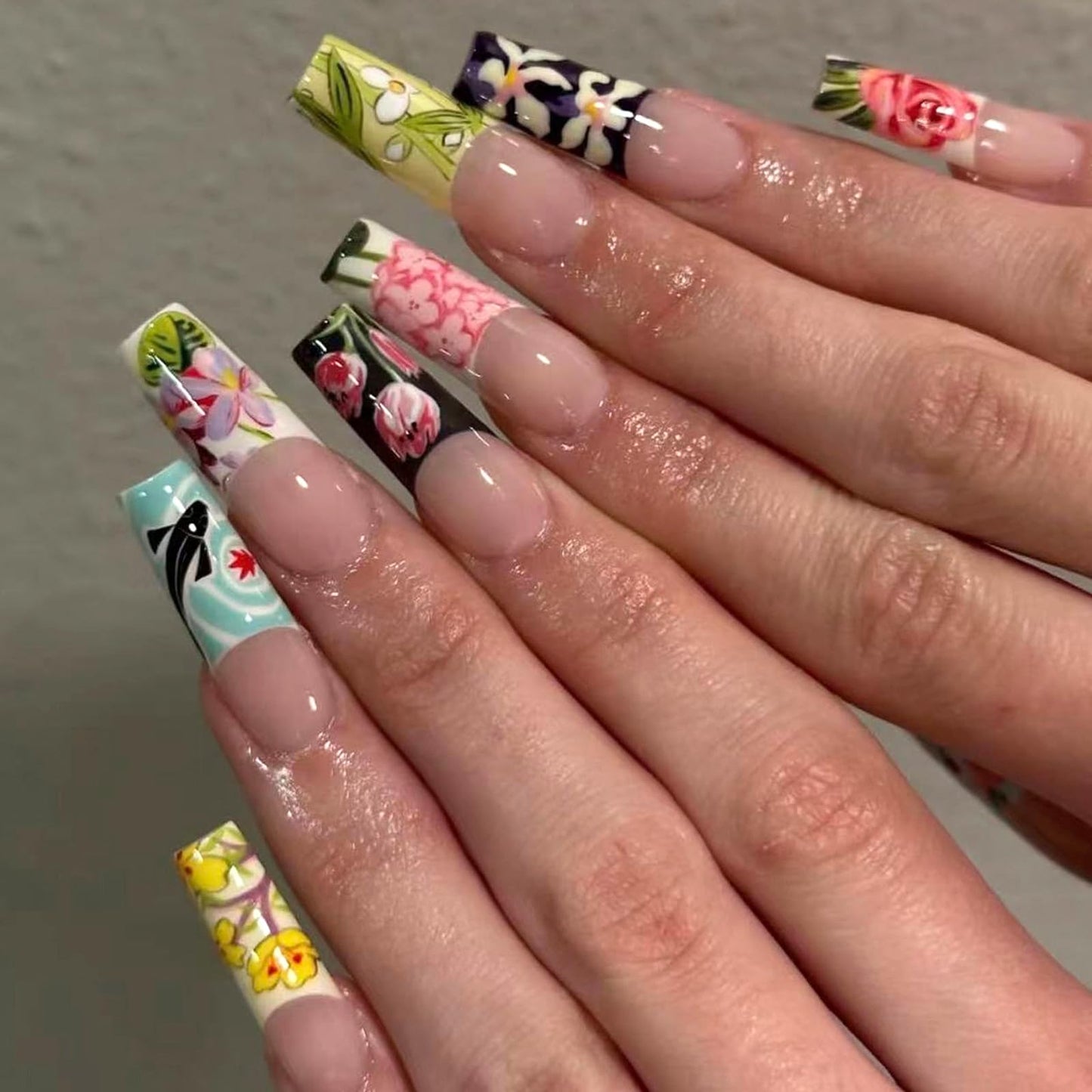 MISUD Press on Nails - Long Square Fake Nails with Colorful Flower, Acrylic French Tip Design 24 pcs