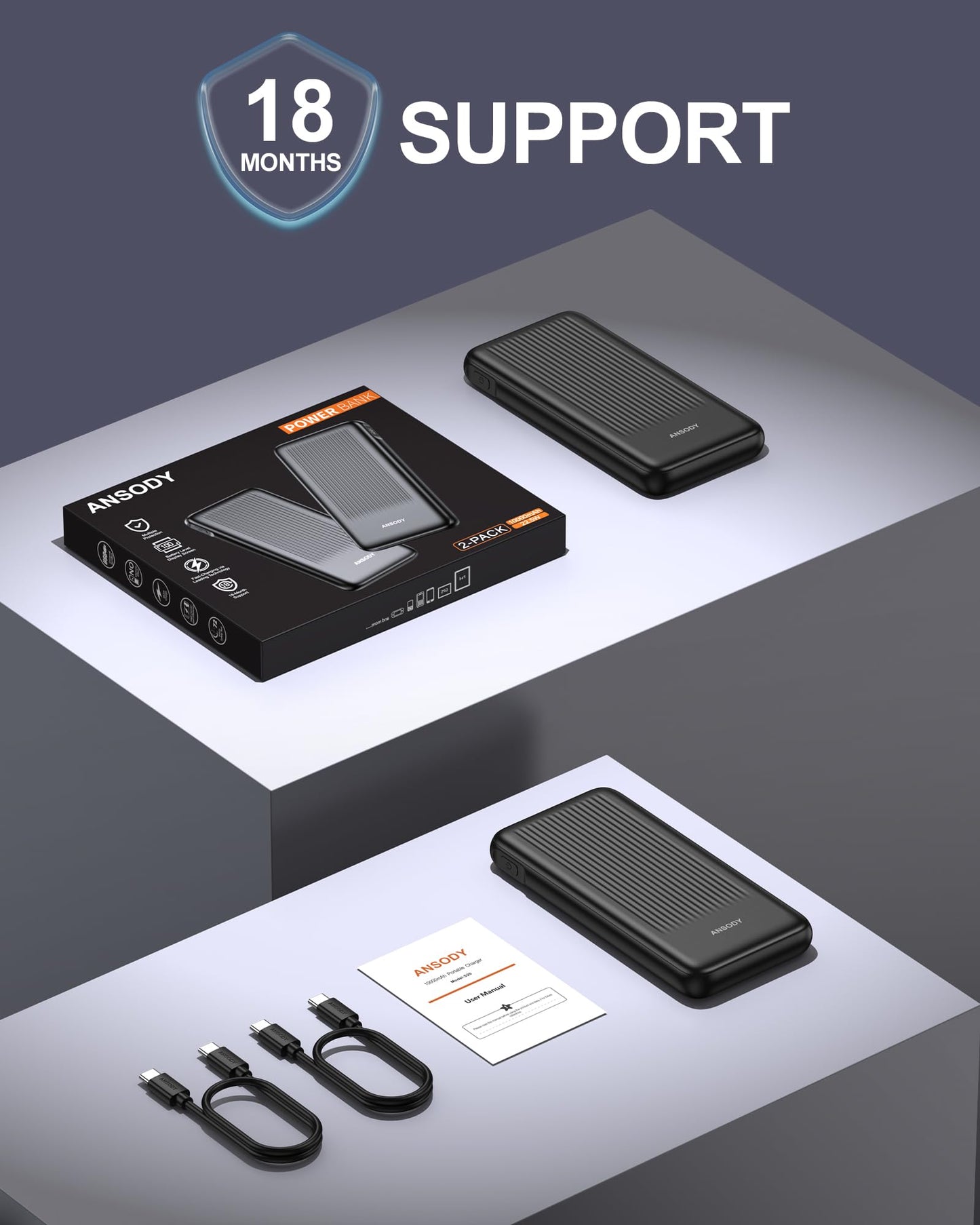 Ansody 2-Pack Portable Charger, 10000mAh 22.5W Compact USB C Power Bank Fast Charging with 2 Outputs & 2 Inputs, LED Display Battery Pack Compatible with iPhone Samsung iPad Tablets, Black & Black