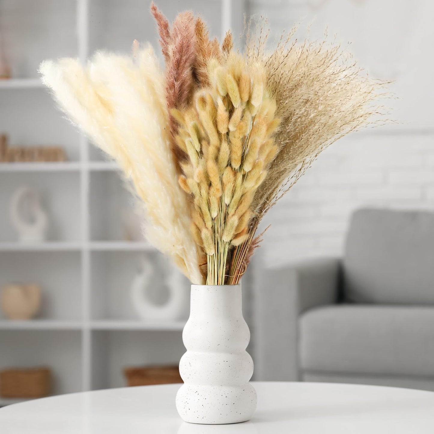 Le courant 17" 300Pcs Dried Pampas Grass Decor, Naturally Small Boho Pampas Grass with Bunny Tails & Reed Grass for Home Table Decor, Wedding, Rustic Farmhouse Party Decorations, White and Brown