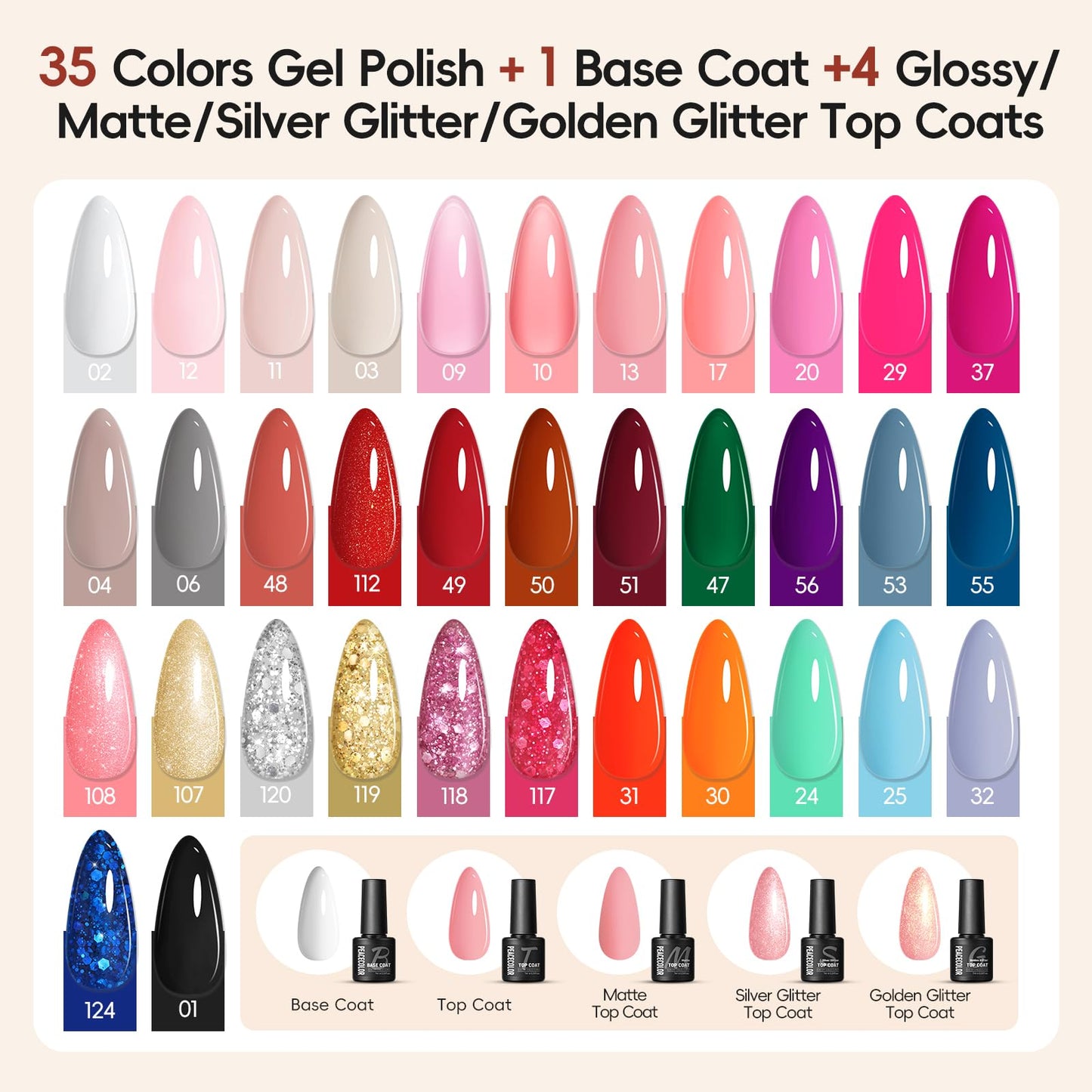 Peacecolor 65PCs Gel Nail Polish Kit with U V Light and Drill, 35 Colors Gel Nail Kit 5PCs Matte/Glossy/Glitter Top Base Coat Nail Rhinestones Manicure Tools Starter Kit Gifts for Women DIY