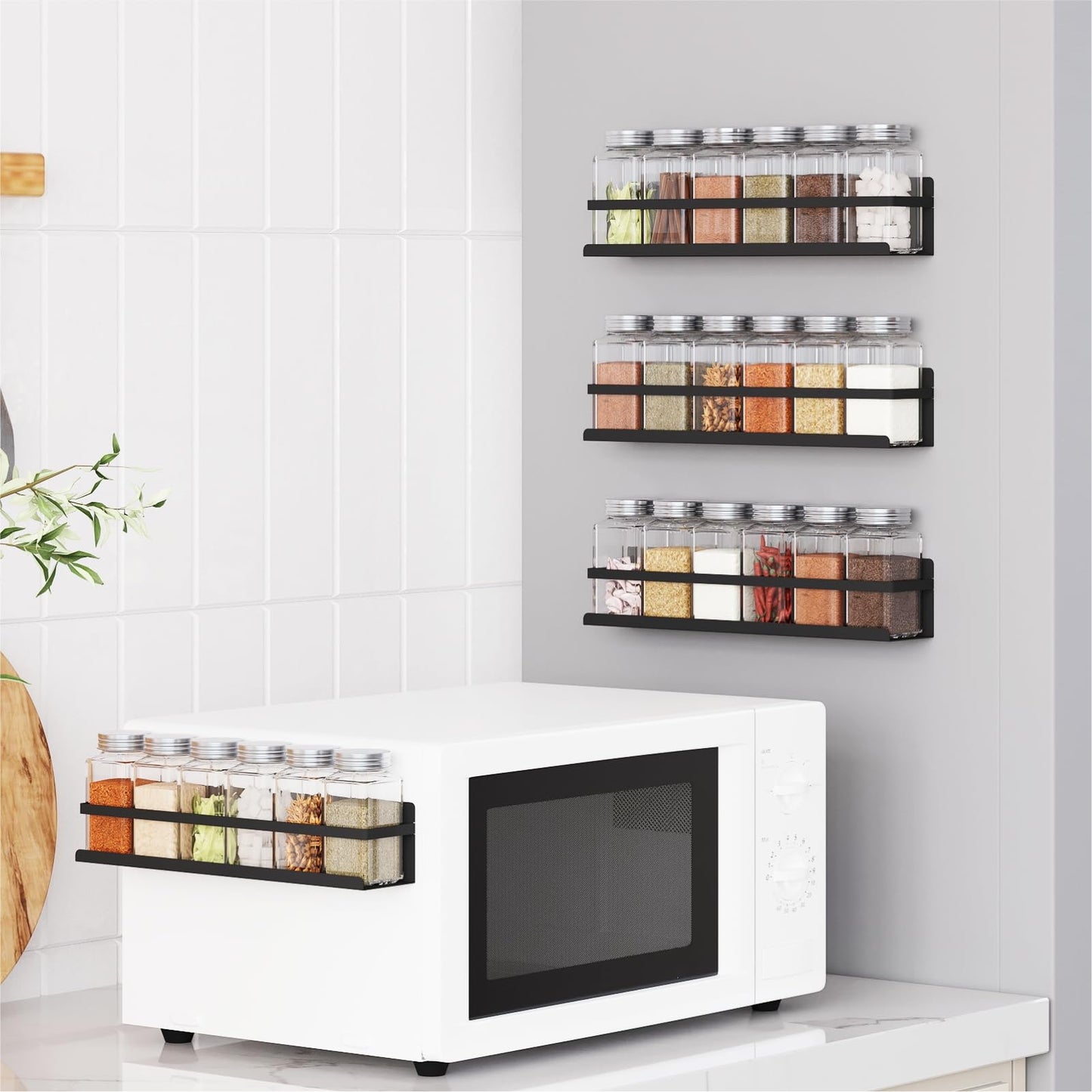 Roysili Magnetic Spice Rack with Jars Magnetic Spice Rack for Refrigerator 24 Spice Jars with Label Magnetic Shelves for Fridge 4 Pack Black