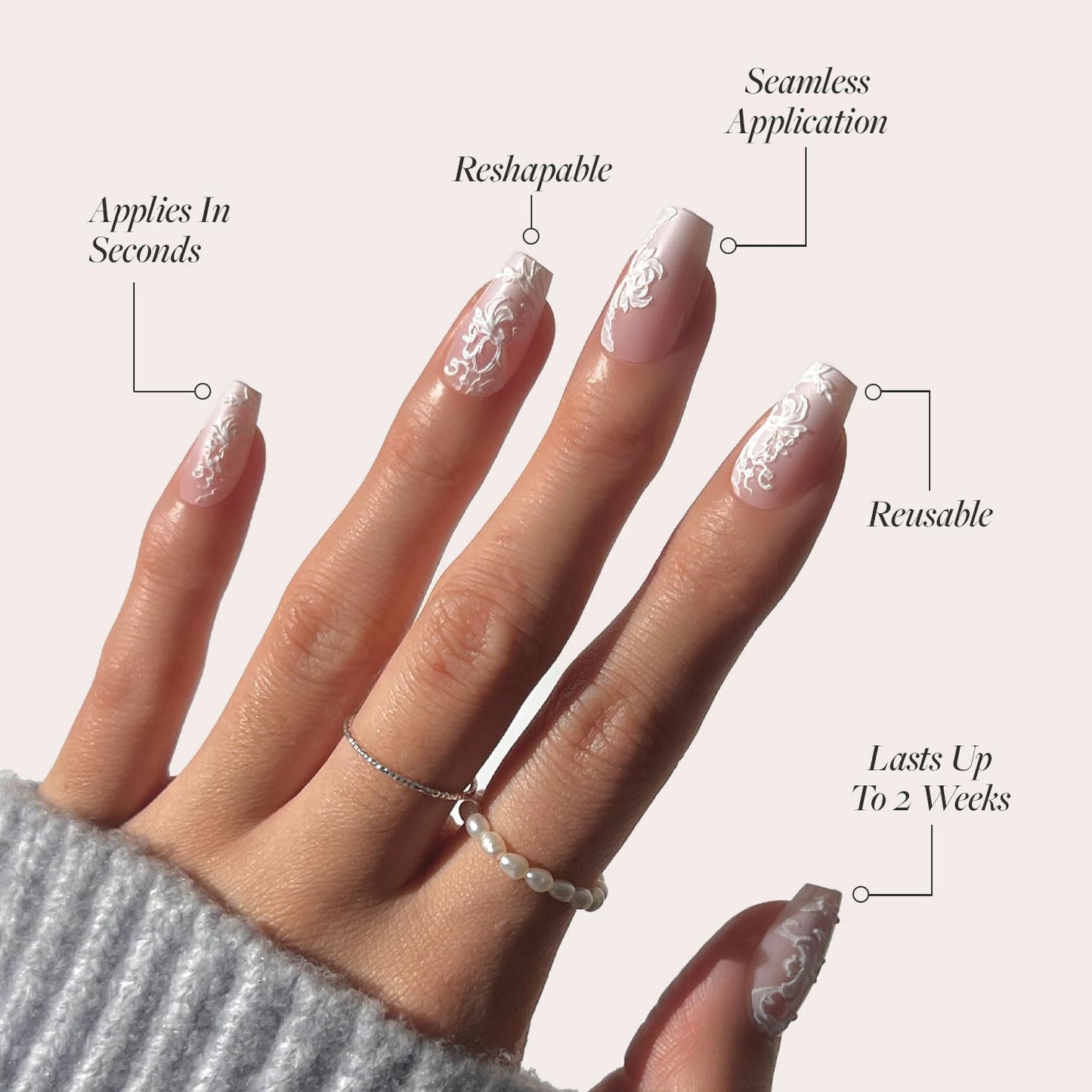 Glamnetic Press On Nails - Lace Blush | Spring Nails, Glossy, Matte, Opaque, Medium Coffin Fake Nails, with Lace Detailing, Salon Quality | 15 Sizes - 30 Nail Kit with Glue