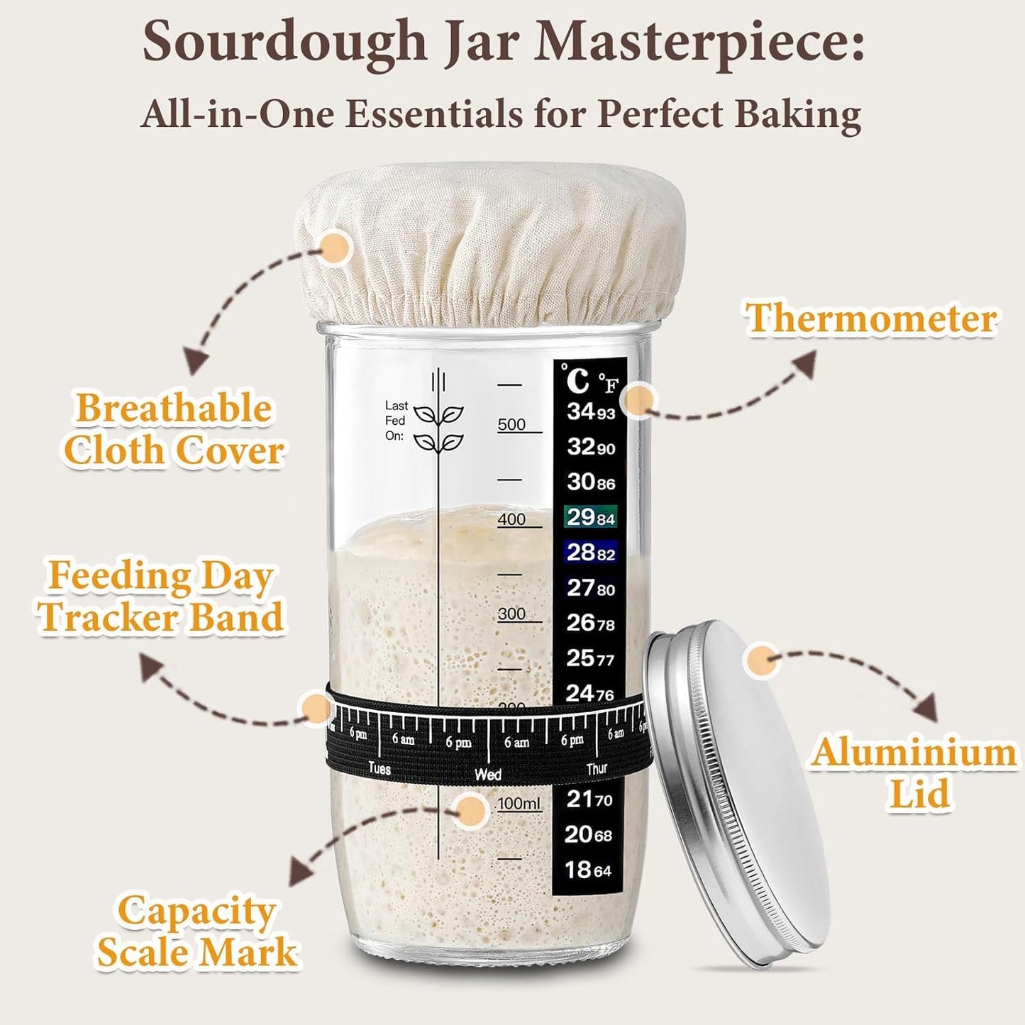 Complete Sourdough Starter Kit, Bread Baking Supplies, 9'' Round Banneton Bread Proofing Basket with Glass Sourdough Starter Jar & Tools, Bakery Accessories for Bread Making Baking Fermentation