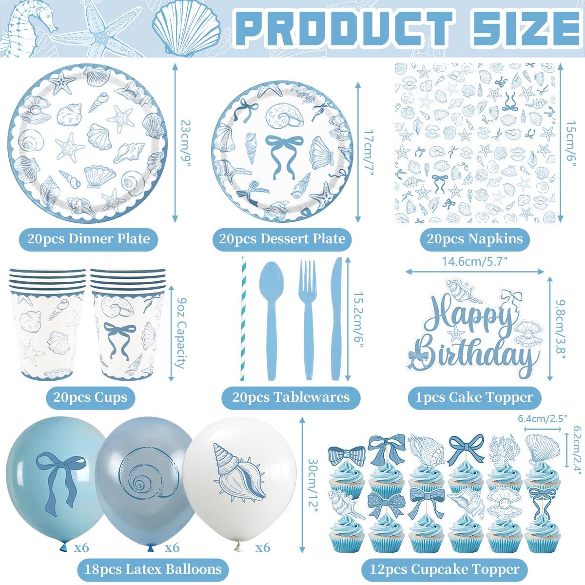Seashell Birthday Party Decorations-20 Guests-Coastal Birthday Decorations Includes Plates Cups Napkins Tablecloth Backdrop Balloons Cake Topper Tableware for The Summer I Turned Pretty Party Decor