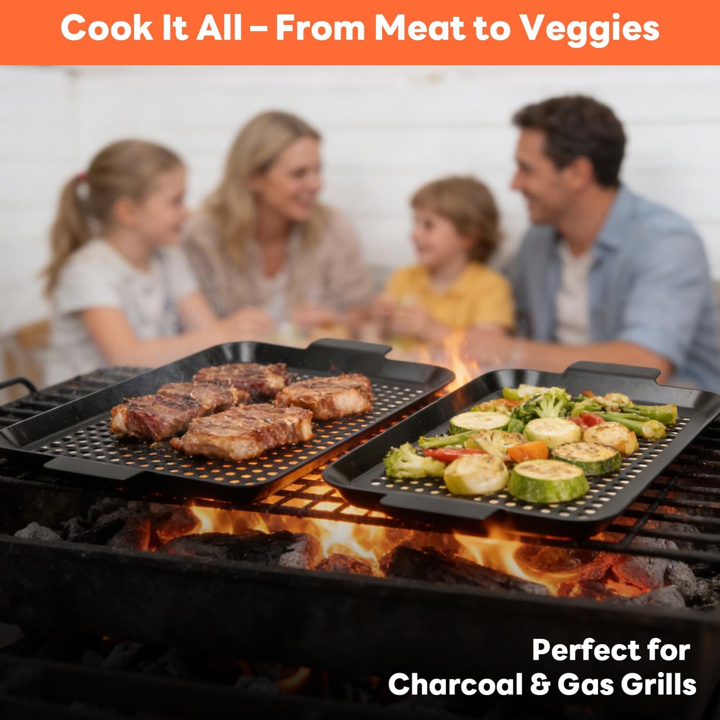 Ayiusedeza 2PCS Grill pan, BBQ Grill Topper for Outdoor Grill with Hole, Non-stick enamel coating, suitable for picnicking, camping, yard (2 pieces)