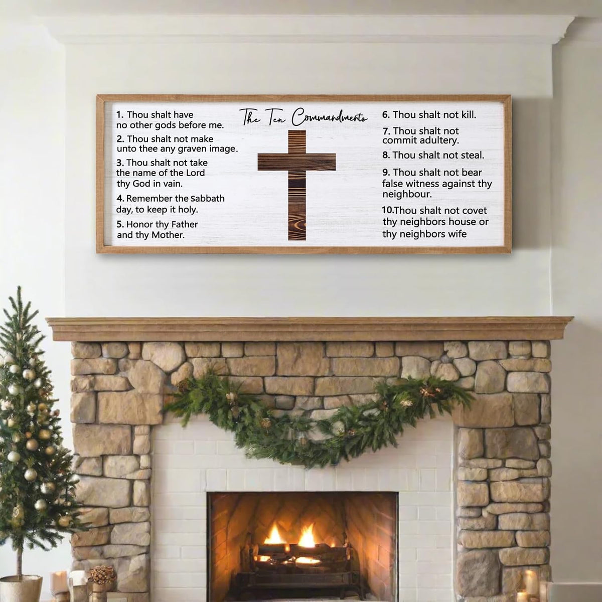 Ten Commandments Rustic Bible Verse Framed Wall Art 40" x 15" Natural Religious Christian Slogan Representing God Jesus Christ Prayer Vintage Holy Inspirational Catholic Scripture Decor