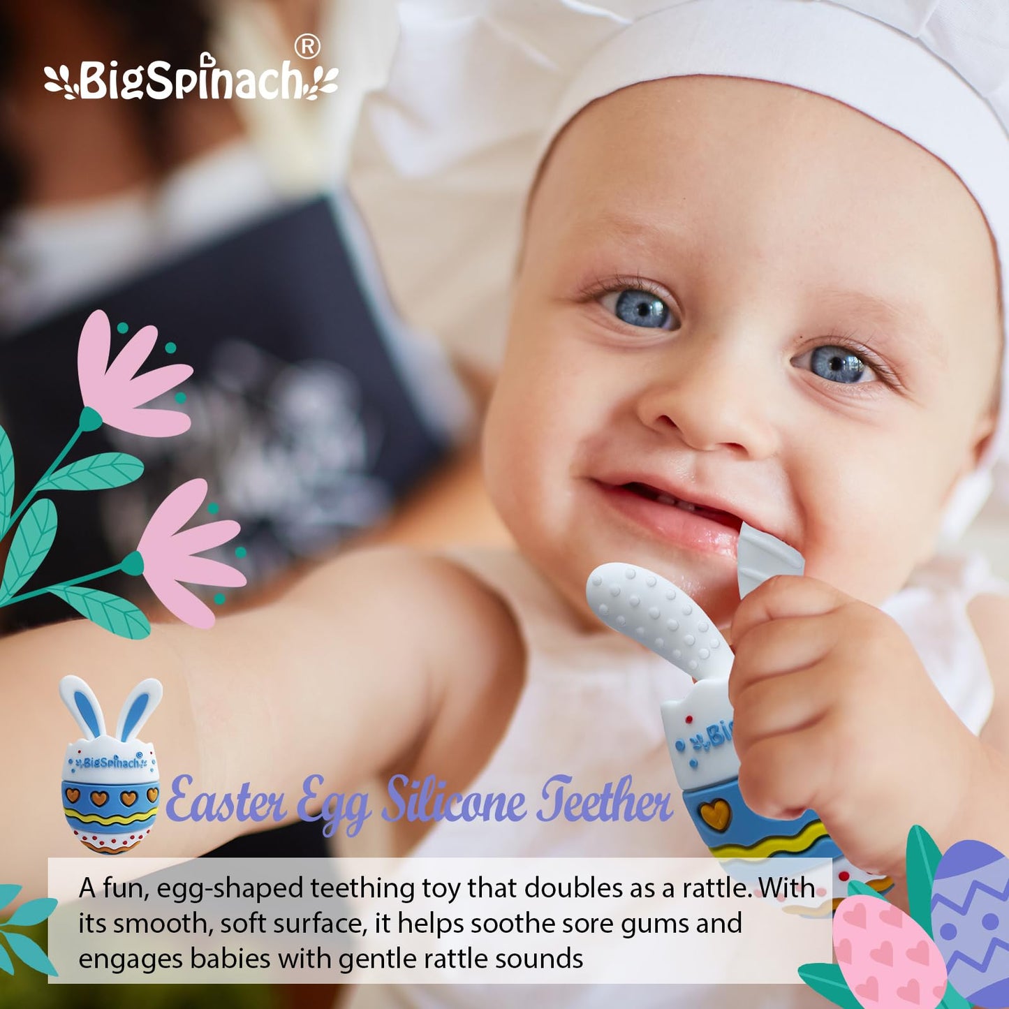 BIGSPINACH Easter Egg Baby Teether,Baby Teething Toy for Pain Relief,Silicone Bunny Rabbit Teether,Easter Gift for Babies,Sensory Toy for Boys & Girl (Blue)