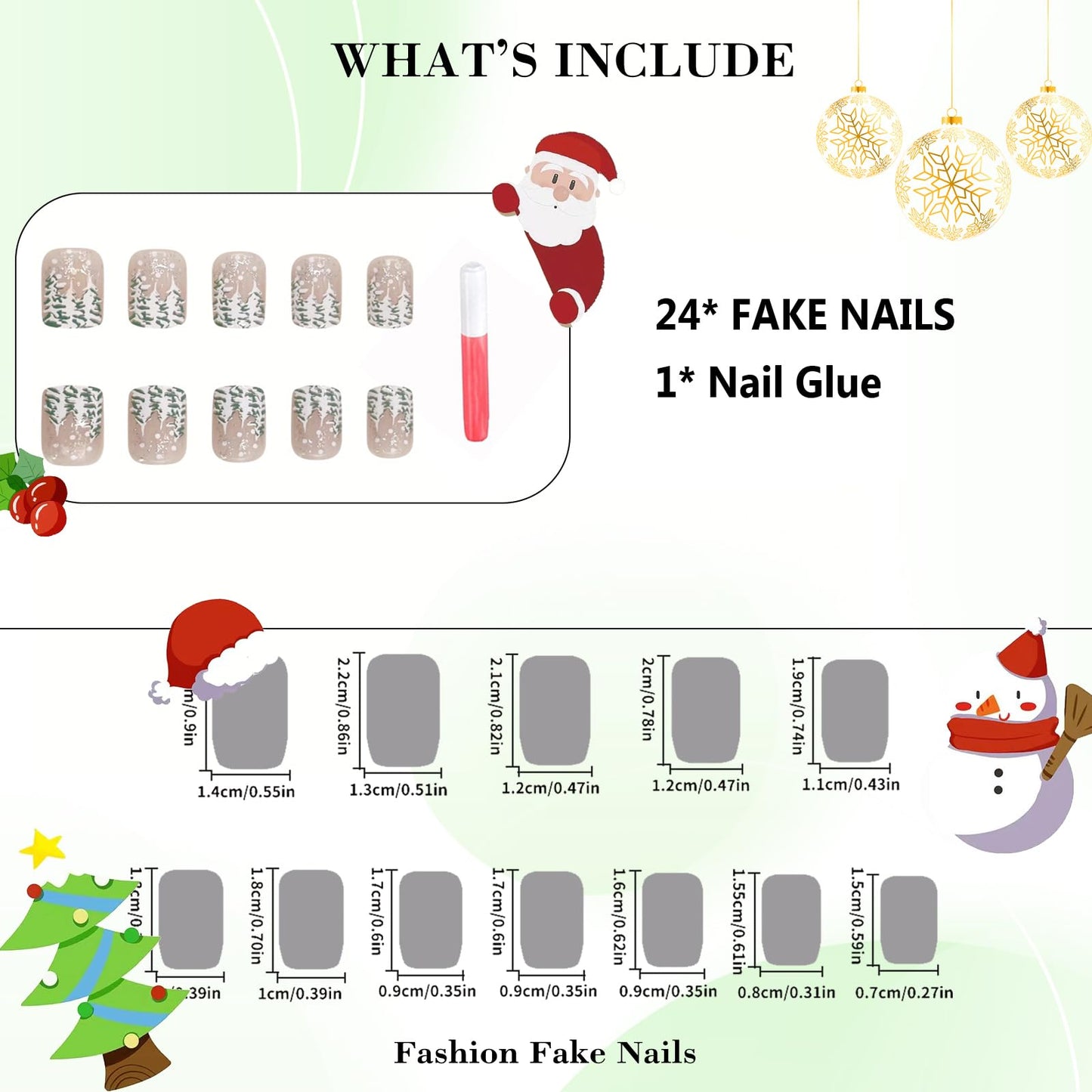 IMRAIN Christmas Press on Nails Short Square Fake Nails Glossy Glue on Nails Full Cover Artificial Christmas Tree Designs Nude Cute Gel False Nails for Women Girls 24Pcs