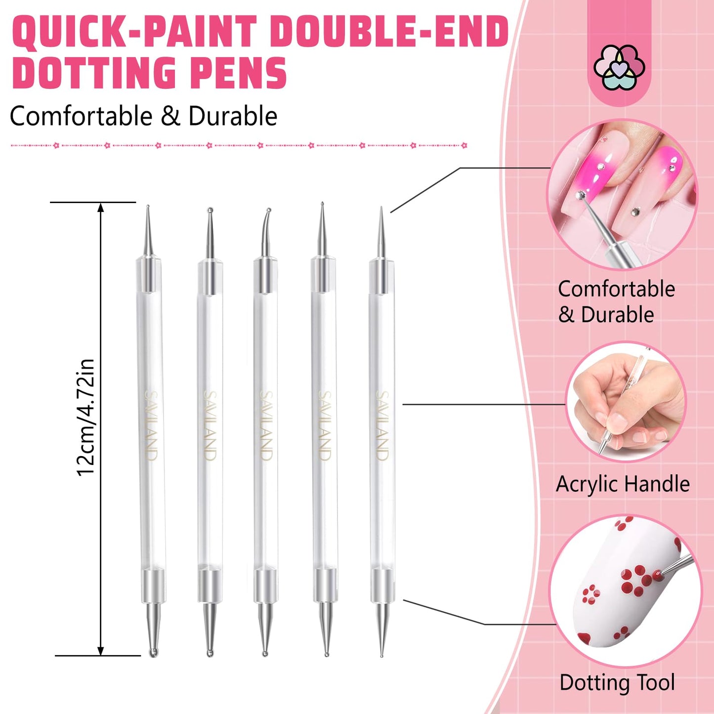 SAVILAND 6pcs Nail Art Liner Brushes & 5pcs Multi-Size Dotting Tools Set - Nail Brush Gel Polish Painting Nail Art Design Brushes Pen with Crushed Diamond Rhinestone Handle for Pulling Lines