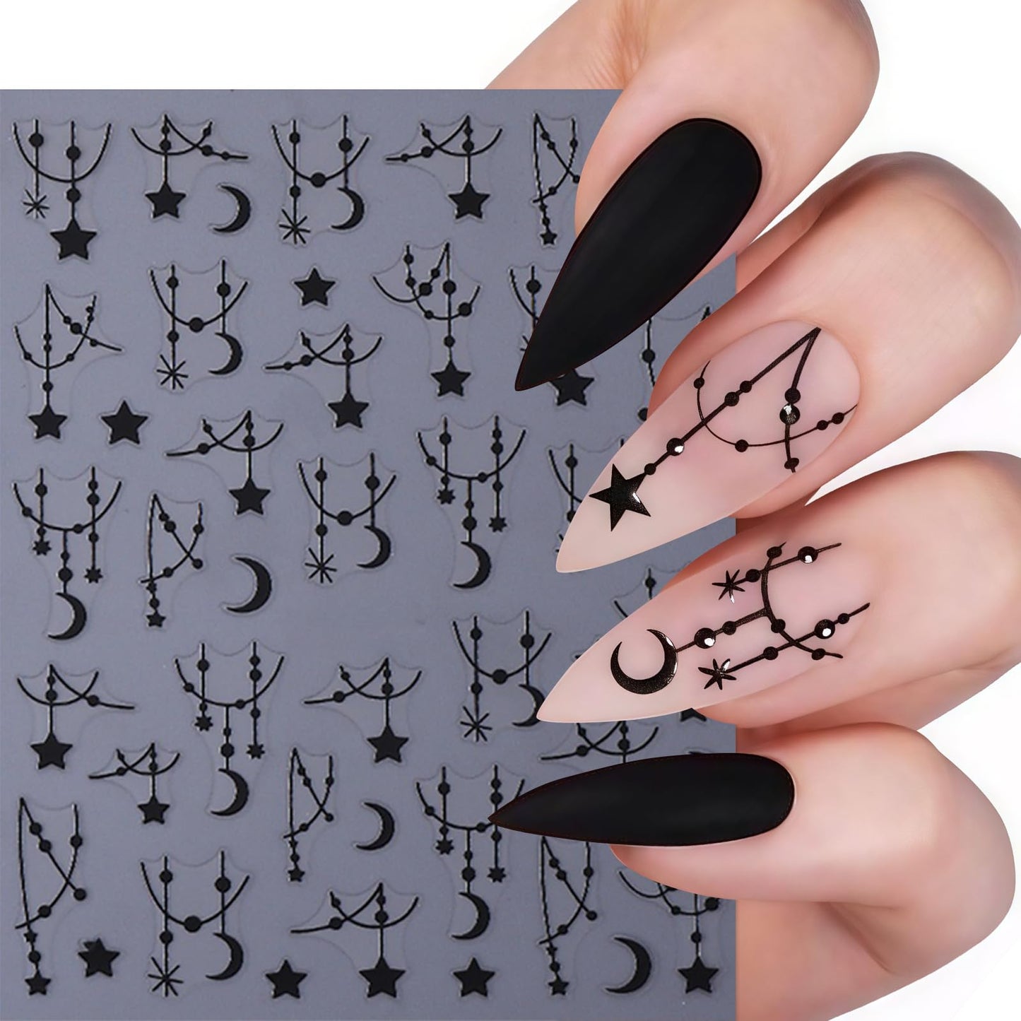 6Sheets Black Silver Line Nail Art Stickers 3D Self-Adhesive Stars Moon Nail Design Decals Y2K Style Nails Supplies Retro Line Moon Star Manicure Accessories for Women Acrylic Nails Salon Decorations