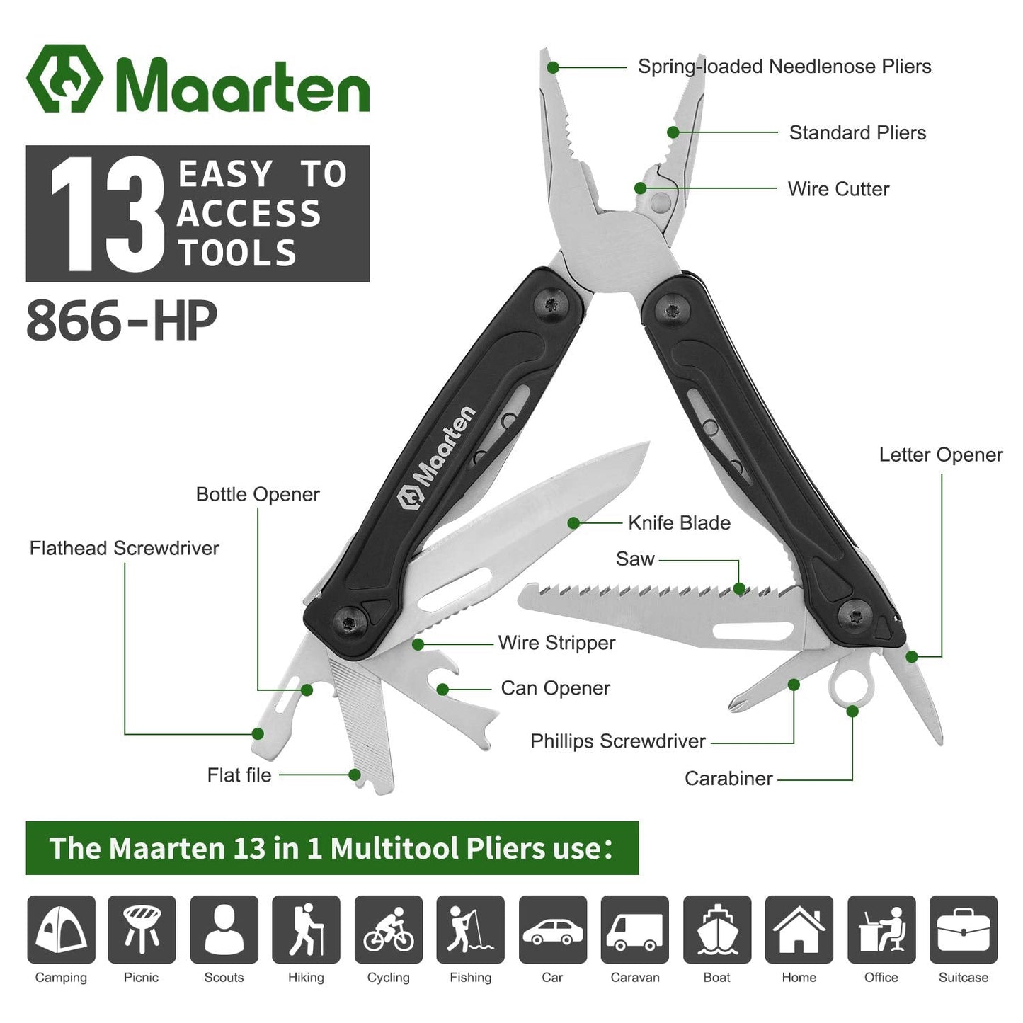 Maarten Multitool Pliers, 13 in 1 Stainless Steel Pocket Multi Tool Pliers with Pocket Clip, Portable Safety Locking Multi-Plier with Folding Saw, Bottle Opener and Durable Nylon Sheath