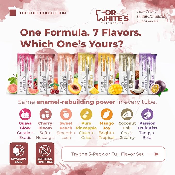 Dr. White’s Fluoride-Free nHA Toothpaste 2-Pack; Dentist-Formulated, Nano Hydroxyapatite + Xylitol, Sensitivity Relief Complex™, Mint-Free, Enamel Safe, Swallow-Safe (3.5 Oz, Cherry Bloom)