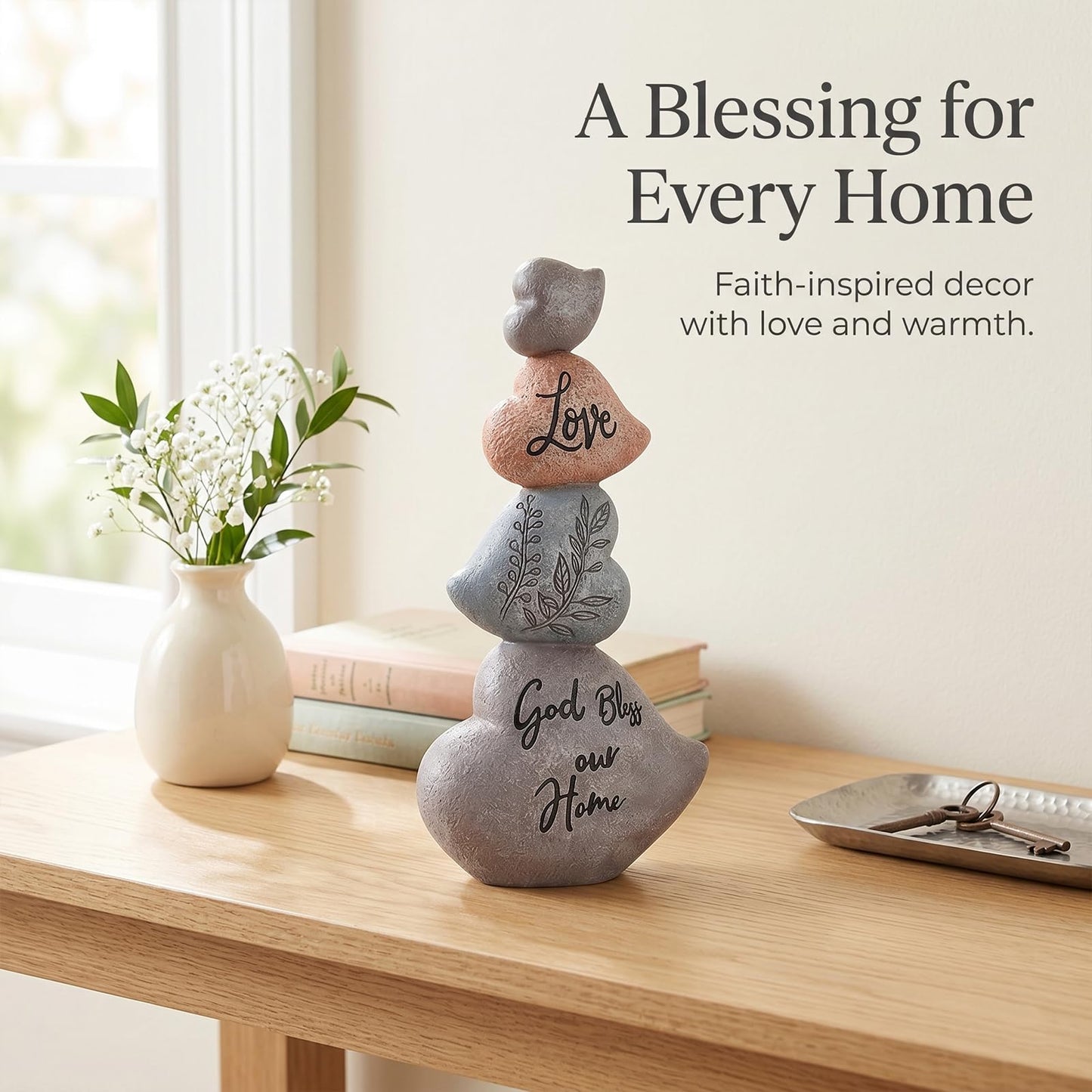 8.07in Heart Sculpture Decor, Textured Stone-Look Love Statue with God Bless Our Home Message, Stacked Heart Figurine for Shelf, Tabletop and Mantel, Housewarming Gift, Heart Decorations for Home