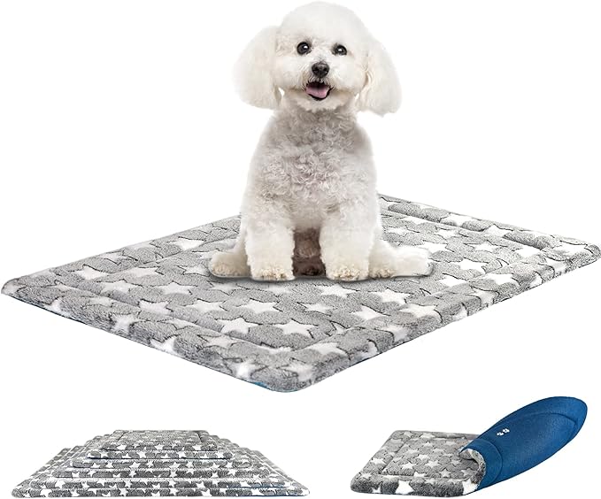 KROSER Fancy Dog Crate Pad - Reversible (Cool & Warm), Machine Washable, Suitable for Small to XXX-Large Dogs, Grey, Navy, Star Pattern