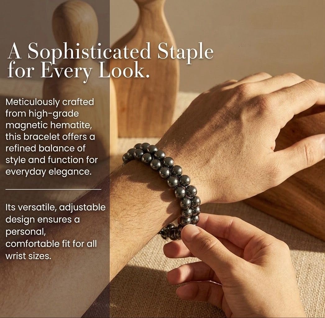 TUBIANCA Magnetic Hematite Bracelet – Strong Magnetic Beaded Bracelet for Men & Women – Adjustable Double Layer Stone Bracelet (8mm Beads, Black)