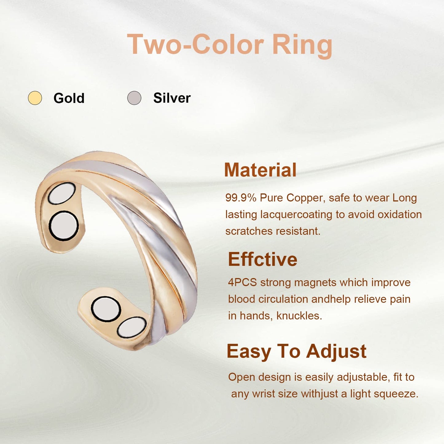 EnerMagiX Copper Rings for Women, Pure Copper Tricolor Gold Adjustable Magnetic Ring Jewelry (0949)