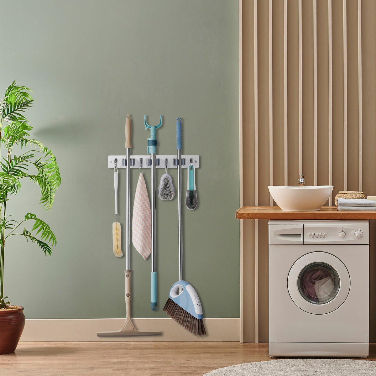 White Mop Broom Holder Wall Mount with 3 Slots & 4 Hooks