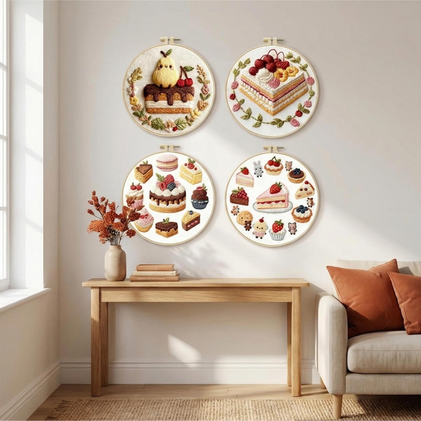 Embroidery Set for Beginners, 4 Sets Cake Fruit Beginner Embroidery Kit for Adults, Includes Embroidery Clothes with Pattern, Hoop, Instruction Manual, Color Stitch Set