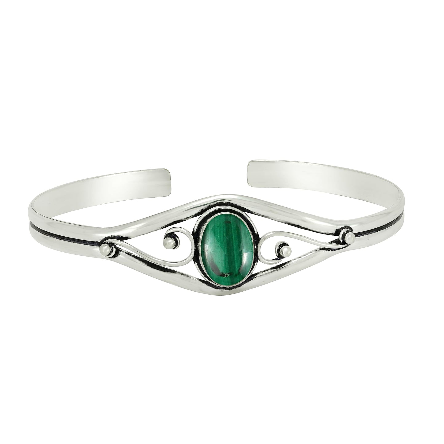 925 Silver Plated Natural Malachite Cuff Bangle Bracelet for Women – Handmade Open Bangle – Green Gemstone April Birthstone Statement Jewelry – Gift for Her