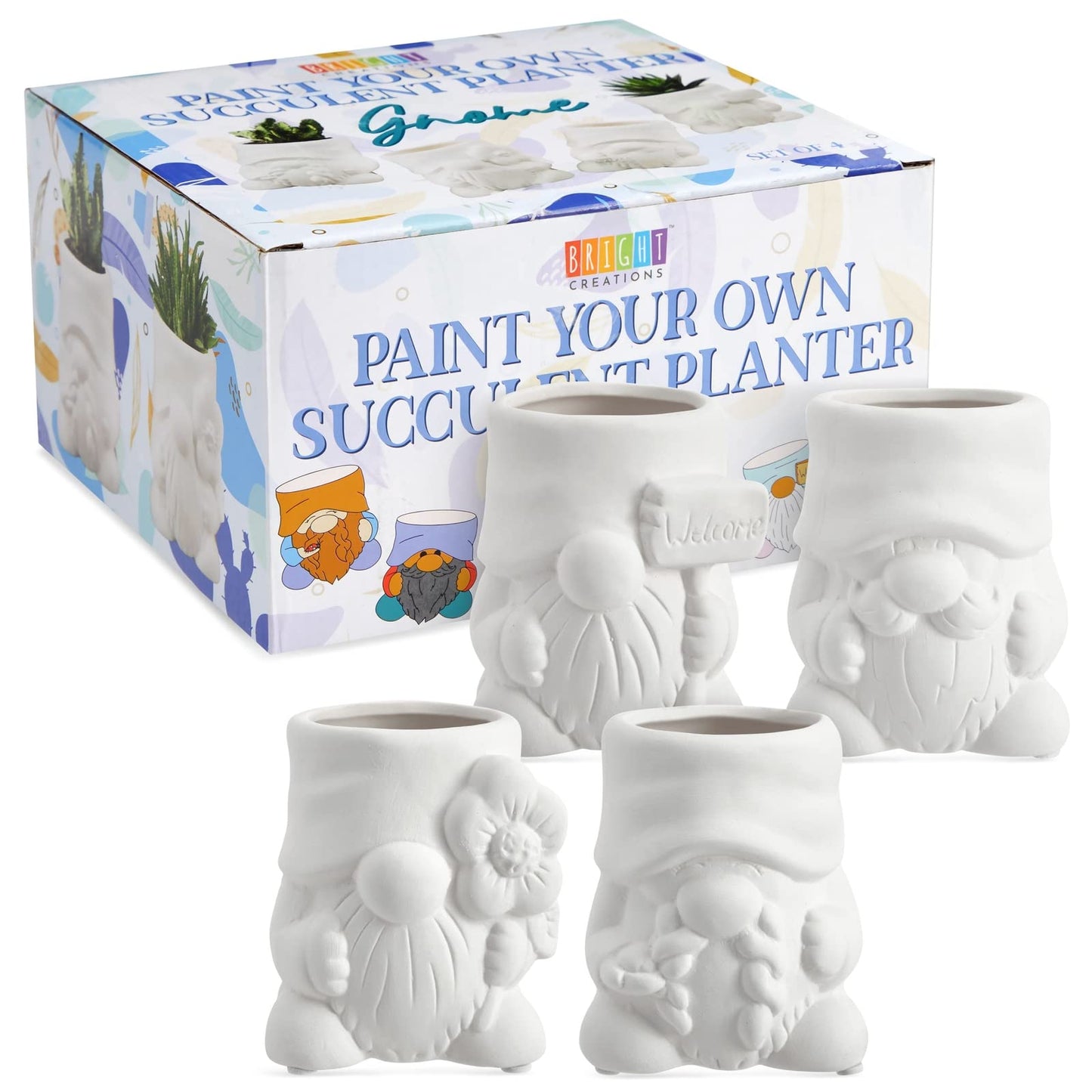 Bright Creations Paintable Ceramic Garden Gnome Planters - 3 x 3 x 4 in, White, Pack of 4, Unfinished - Succulent Pots to Paint with Drainage Holes & Plugs - DIY Pottery Kit
