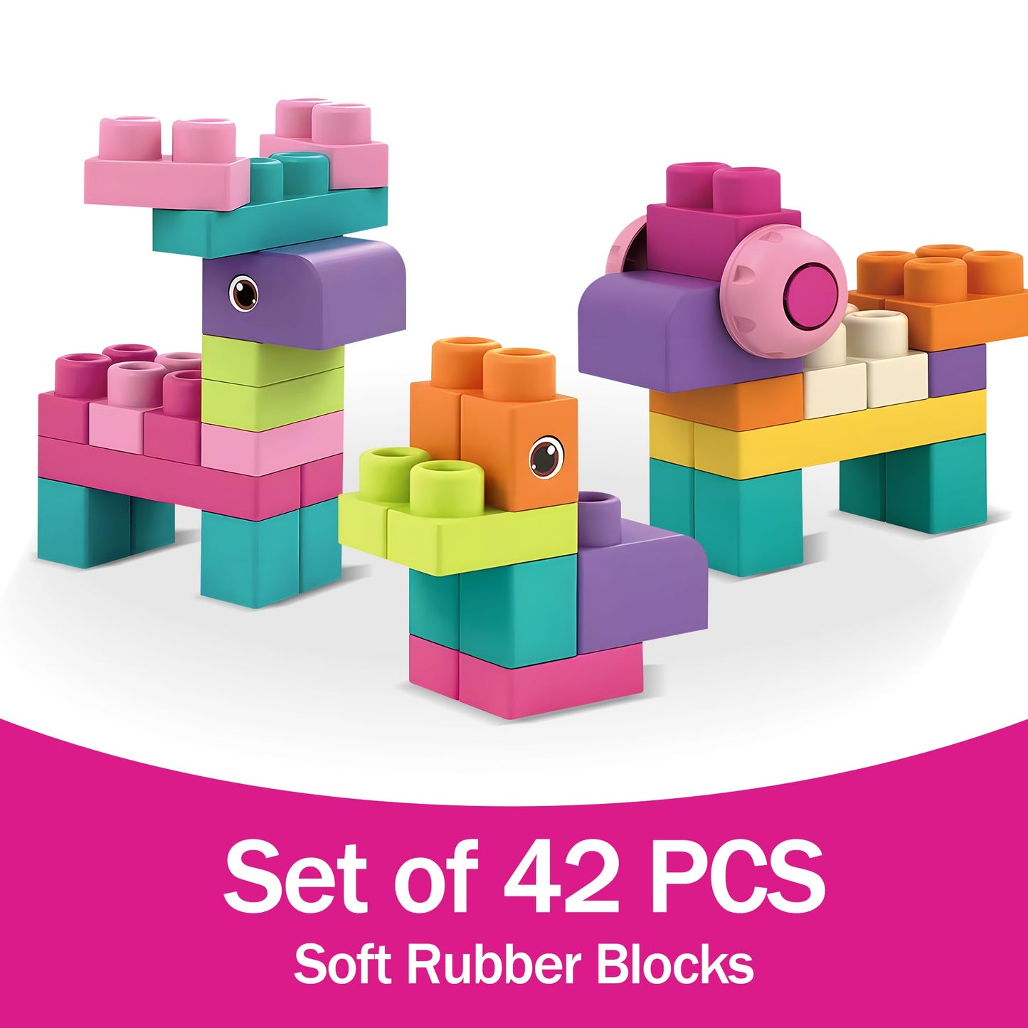 ROHSCE Soft Building Blocks for Toddlers, Stacking Blocks for Babies 6 Months and Up STEM Toddler Gifts, Large Construction Block Set Rubber Blocks Bag with 42 Pieces and Storage,Gift for Easter