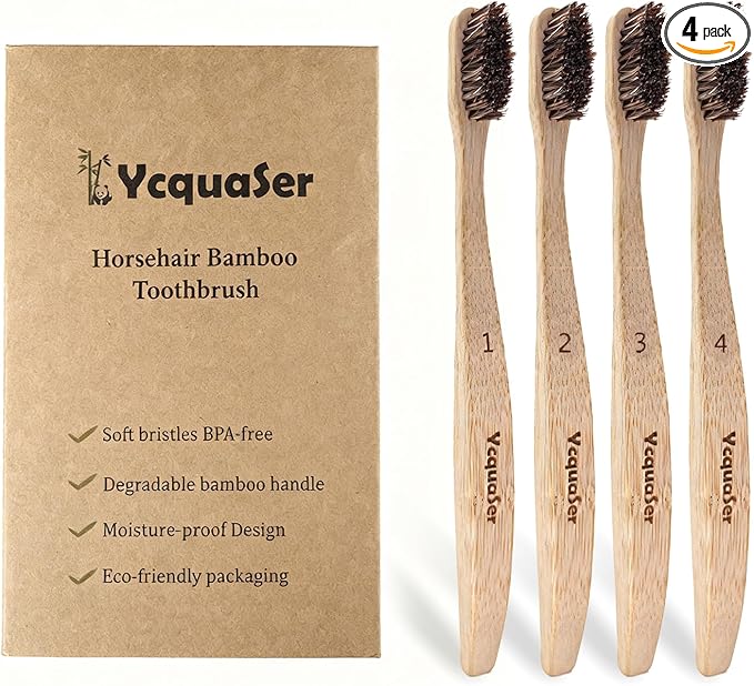 Bamboo Toothbrushes,Travel Toothbrush&Horse Bristle(4-Pack),Natural Soft Bristles for Adults,100% Biodegradable,Plastic & Nylon Free