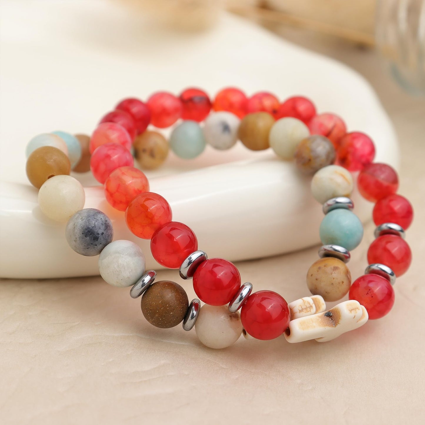 Frigotine Cross Amazonite Beaded Stretch Protection Bracelet for Woman, Handmade Healing Natural Stone Chakra Beads Elastic Bracelets Catholic Religious Accessories Fashion Jewelry Gift