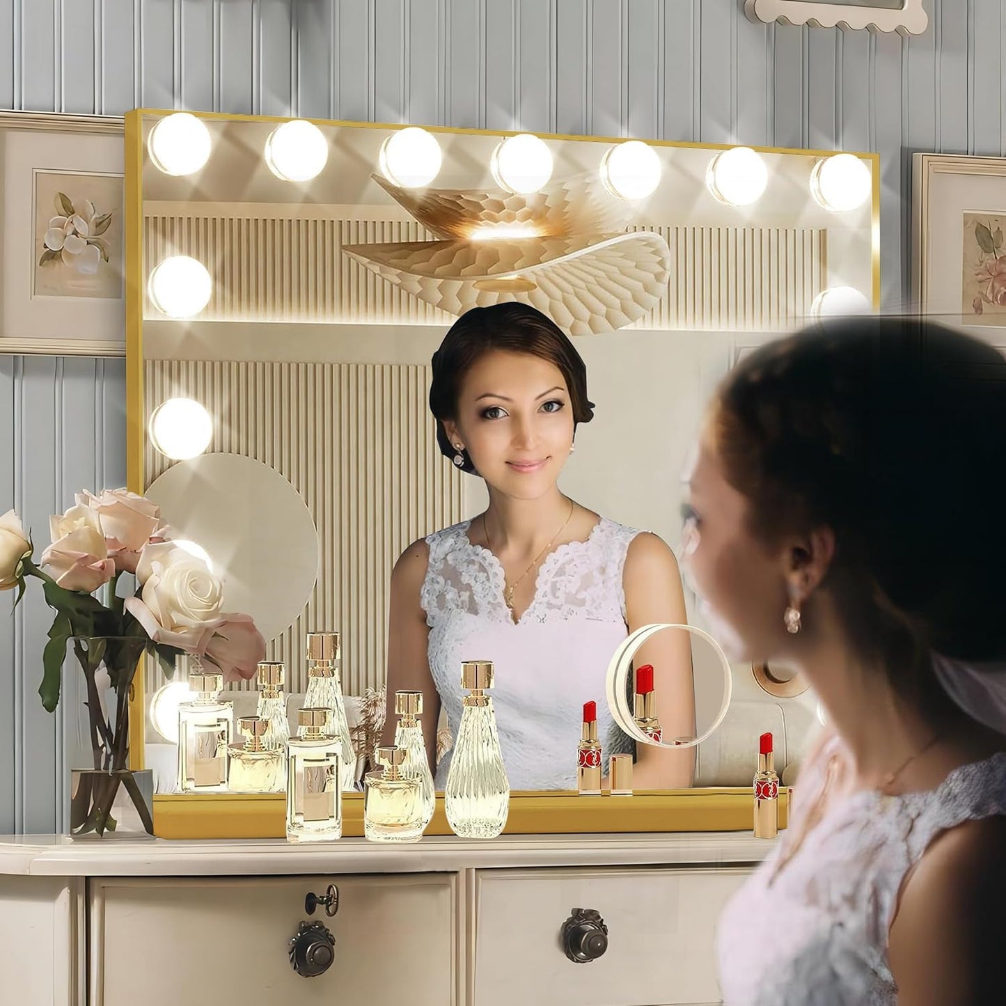 Gold Hollywood Vanity Mirror with Lights, 15 Dimmable Bulbs, 3 Color Lights,Make Up Lighted Mirror, Aluminum Metal Frame, USB Charging Port（23" x 18"）